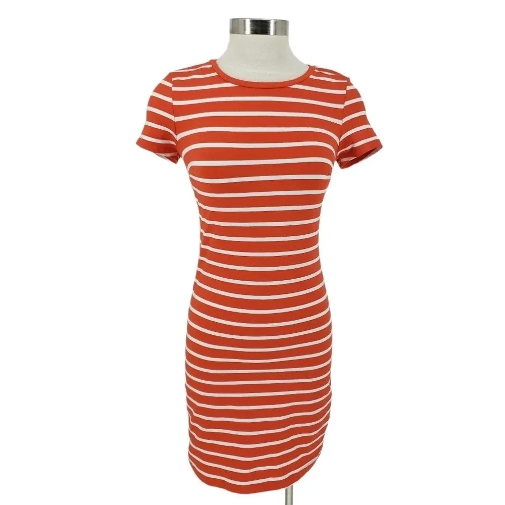 Old Navy Tee Shirt Dress Tangerine Orange Striped Knit Short Sleeve Knee Length